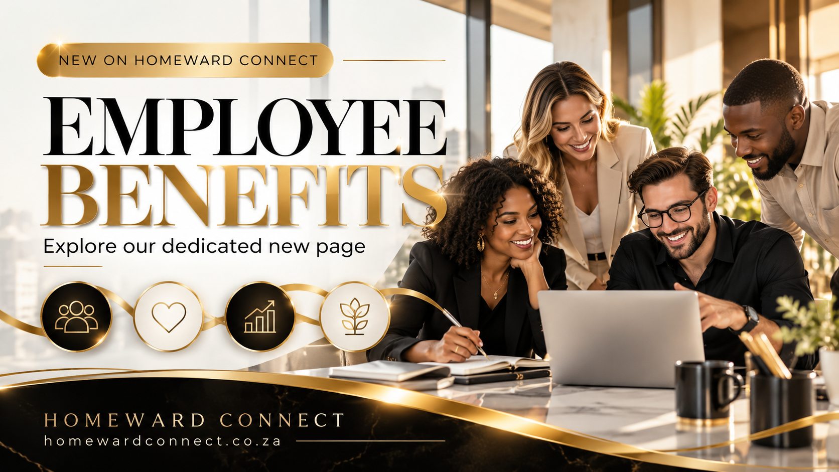 Homeward Connect Employee Benefits promotional banner featuring a professional team
